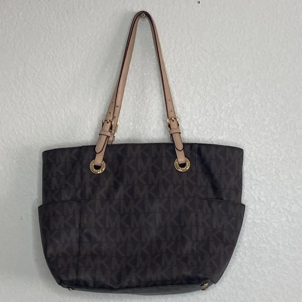 MICHAEL KORS Women’s Logo Monogram Pocket Tote Brown Bag